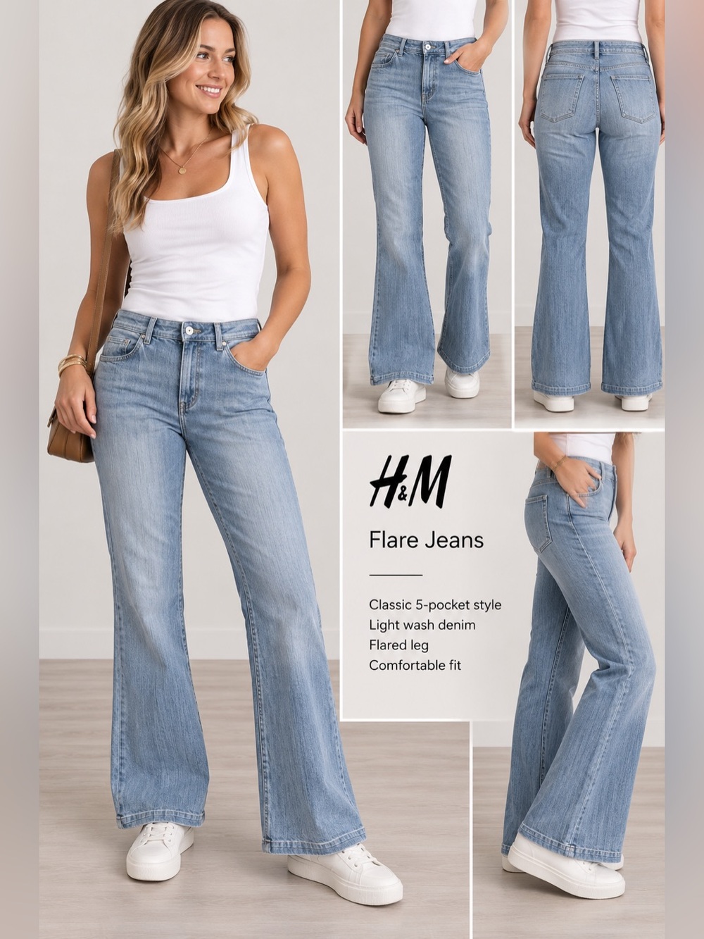 H&M Light Blue Flared Wide-Leg Jeans
